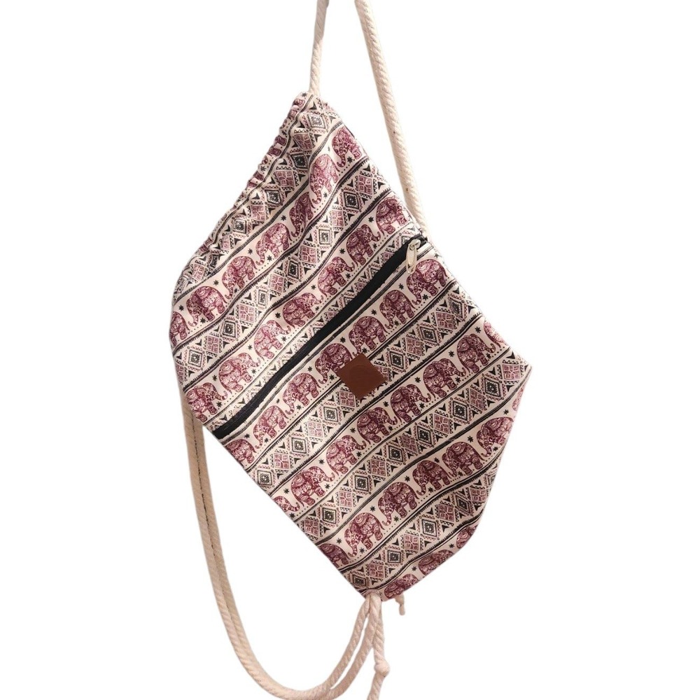 T-Bags Bohemian Elephant Print Drawstring Backpack Burgundy Canvas Rope‎ Straps